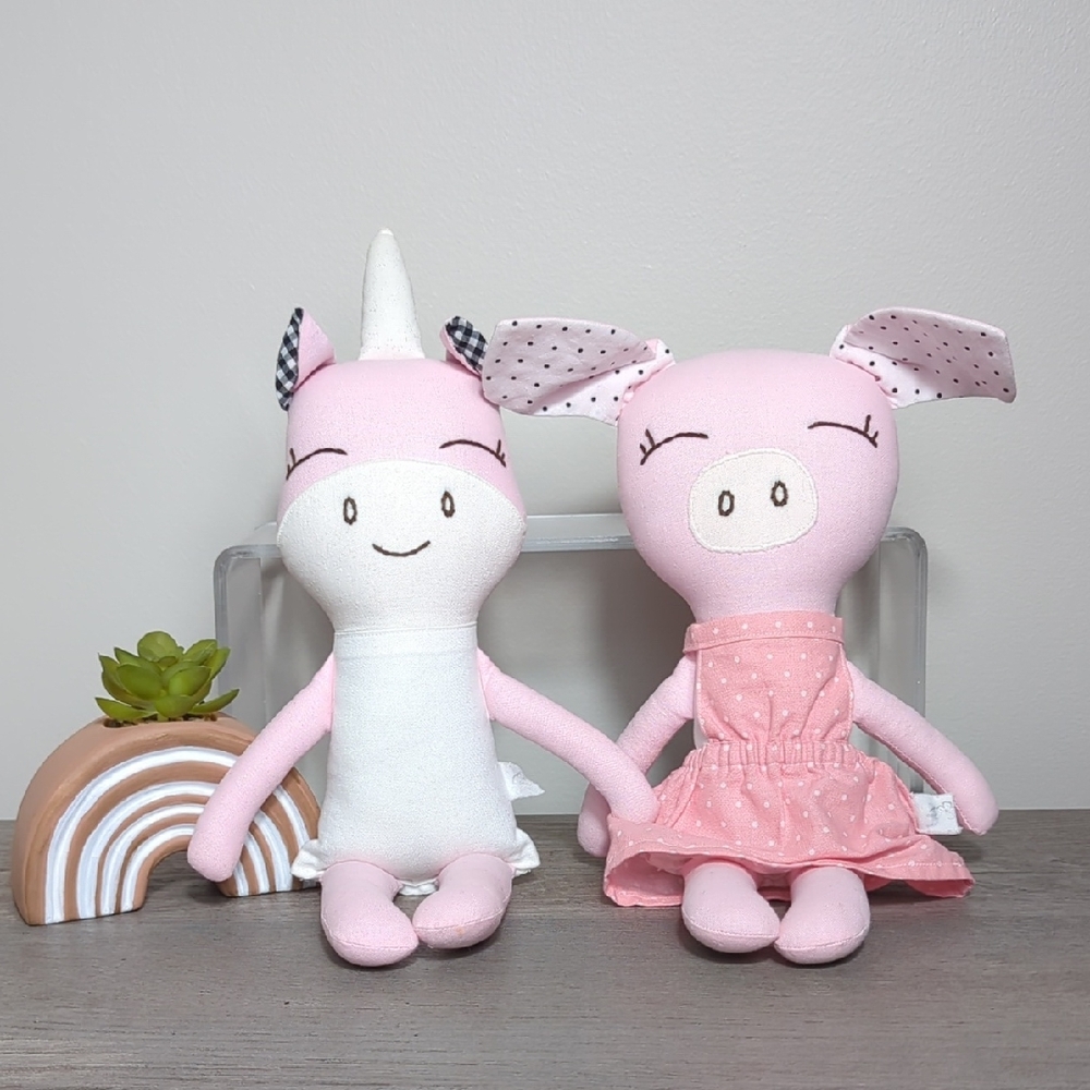 Buttercup‎ Avenue Pink White Plush Unicorn & Piglet Dolls Pair 2 Modern Handmade